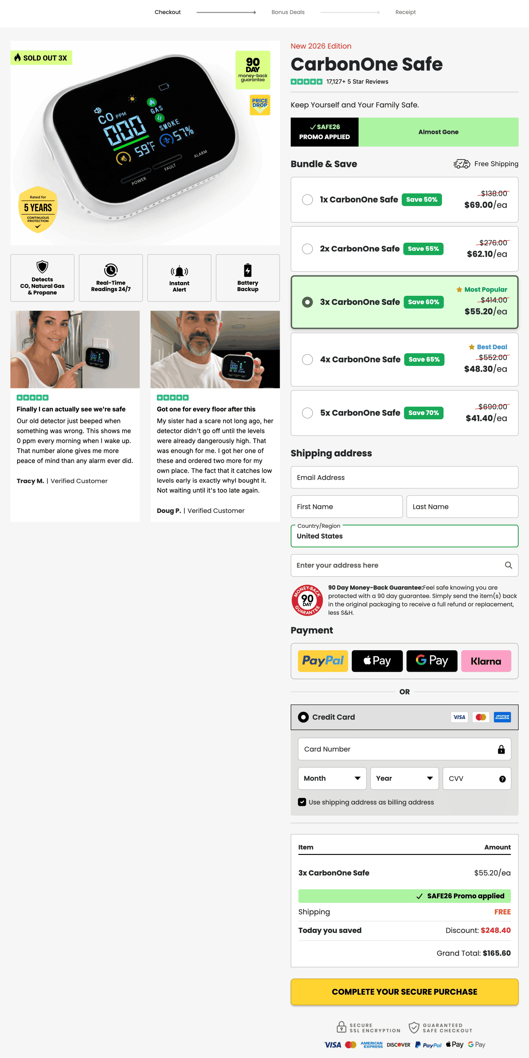 Carbon One Monoxide Detector 100% Secure Checkout page
